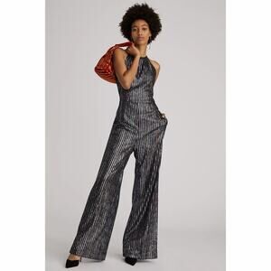 Anthropologie Maeve Disco Sequin Halter Wide Leg Black Jumpsuit